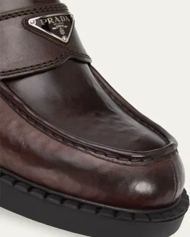 Prada Men's Leather Enamel Logo Moc-Toe Penny Loafers | Thumbnail 3 Prada Men's Leather Enamel Logo Moc-Toe Penny Loafers | Thumbnail 3
