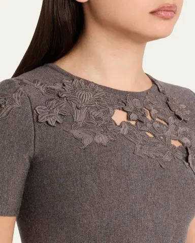 Oscar de la Renta Short-Sleeve Lace-Inset Wool Knit Midi Dress | Thumbnail 5 Oscar de la Renta Short-Sleeve Lace-Inset Wool Knit Midi Dress | Thumbnail 5