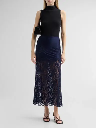 Rabanne Women's Lace Satin Midi Skirt - Deep Navy | Thumbnail 2 Rabanne Women's Lace Satin Midi Skirt - Deep Navy | Thumbnail 2