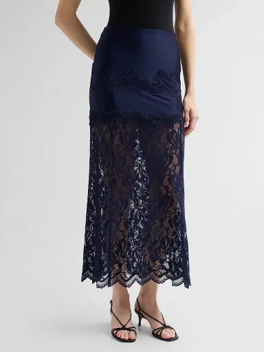 Rabanne Women's Lace Satin Midi Skirt - Deep Navy | Thumbnail 4 Rabanne Women's Lace Satin Midi Skirt - Deep Navy | Thumbnail 4