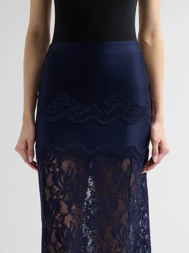 Rabanne Women's Lace Satin Midi Skirt - Deep Navy | Thumbnail 5 Rabanne Women's Lace Satin Midi Skirt - Deep Navy | Thumbnail 5