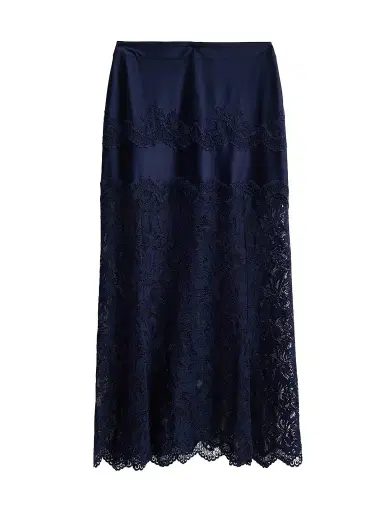 Rabanne Women's Lace Satin Midi Skirt - Deep Navy | Thumbnail 1 Rabanne Women's Lace Satin Midi Skirt - Deep Navy | Thumbnail 1