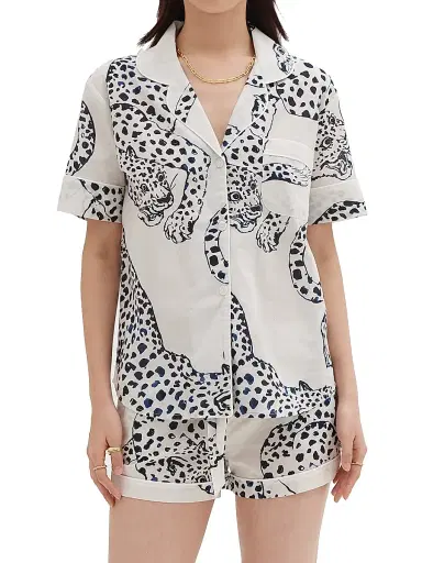 Desmond & Dempsey Women's Jaguar Print Cotton Short Pajama Set - Cream | Thumbnail 2 Desmond & Dempsey Women's Jaguar Print Cotton Short Pajama Set - Cream | Thumbnail 2