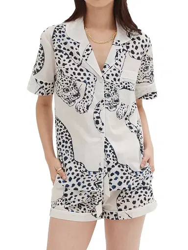 Desmond & Dempsey Women's Jaguar Print Cotton Short Pajama Set - Cream | Thumbnail 3 Desmond & Dempsey Women's Jaguar Print Cotton Short Pajama Set - Cream | Thumbnail 3