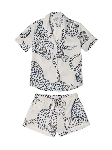 Desmond & Dempsey Women's Jaguar Print Cotton Short Pajama Set - Cream | Thumbnail 1 Desmond & Dempsey Women's Jaguar Print Cotton Short Pajama Set - Cream | Thumbnail 1