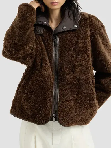 Brunello Cucinelli Women's Fuzzy Shearling Reversible Outerwear Coat with Monili - Chocolate | Thumbnail 2 Brunello Cucinelli Women's Fuzzy Shearling Reversible Outerwear Coat with Monili - Chocolate | Thumbnail 2