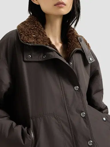 Brunello Cucinelli Women's Fuzzy Shearling Reversible Outerwear Coat with Monili - Chocolate | Thumbnail 4 Brunello Cucinelli Women's Fuzzy Shearling Reversible Outerwear Coat with Monili - Chocolate | Thumbnail 4