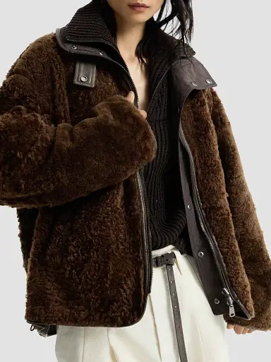 Brunello Cucinelli Women's Fuzzy Shearling Reversible Outerwear Coat with Monili - Chocolate | Thumbnail 5 Brunello Cucinelli Women's Fuzzy Shearling Reversible Outerwear Coat with Monili - Chocolate | Thumbnail 5
