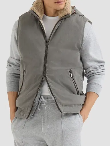 Brunello Cucinelli Men's Waxed Techno Cotton Down Vest with Detachable Hood - Grey | Thumbnail 2 Brunello Cucinelli Men's Waxed Techno Cotton Down Vest with Detachable Hood - Grey | Thumbnail 2