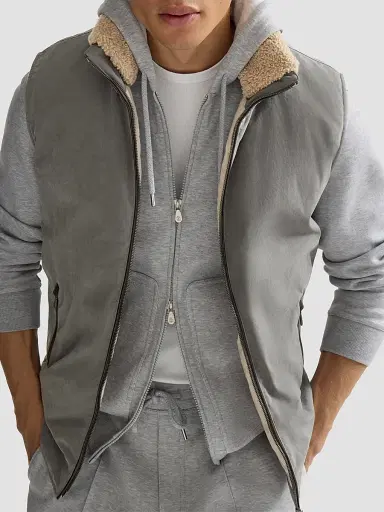 Brunello Cucinelli Men's Waxed Techno Cotton Down Vest with Detachable Hood - Grey | Thumbnail 4 Brunello Cucinelli Men's Waxed Techno Cotton Down Vest with Detachable Hood - Grey | Thumbnail 4