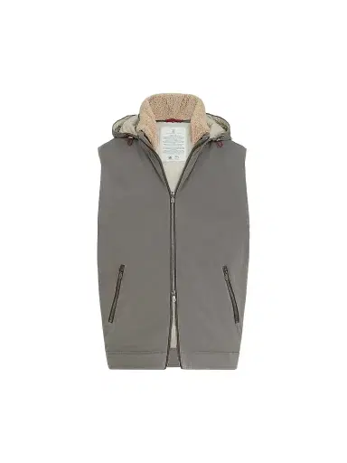 Brunello Cucinelli Men's Waxed Techno Cotton Down Vest with Detachable Hood - Grey | Thumbnail 1 Brunello Cucinelli Men's Waxed Techno Cotton Down Vest with Detachable Hood - Grey | Thumbnail 1