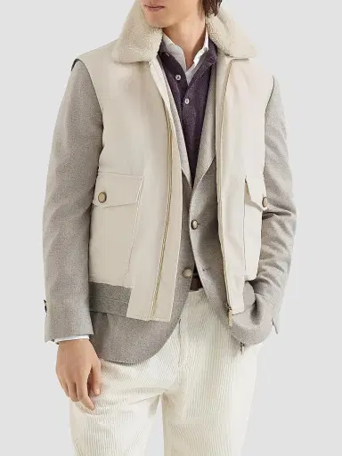 Brunello Cucinelli Men's Waxed Techno Cotton Down Vest with Detachable Shearling Collar - Beige | Thumbnail 2 Brunello Cucinelli Men's Waxed Techno Cotton Down Vest with Detachable Shearling Collar - Beige | Thumbnail 2