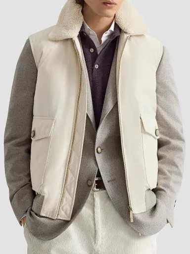 Brunello Cucinelli Men's Waxed Techno Cotton Down Vest with Detachable Shearling Collar - Beige | Thumbnail 4 Brunello Cucinelli Men's Waxed Techno Cotton Down Vest with Detachable Shearling Collar - Beige | Thumbnail 4