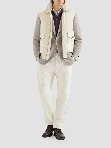 Brunello Cucinelli Men's Waxed Techno Cotton Down Vest with Detachable Shearling Collar - Beige | Thumbnail 6 Brunello Cucinelli Men's Waxed Techno Cotton Down Vest with Detachable Shearling Collar - Beige | Thumbnail 6