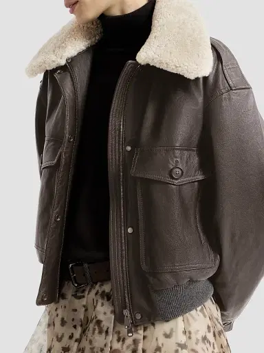 Brunello Cucinelli Women's Polished Nappa Leather Aviator Coat - Coffee | Thumbnail 4 Brunello Cucinelli Women's Polished Nappa Leather Aviator Coat - Coffee | Thumbnail 4