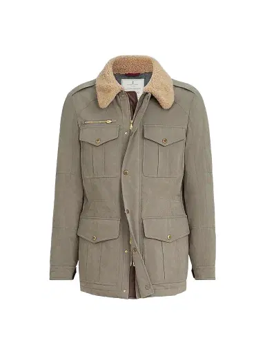 Brunello Cucinelli Men's Waxed Techno Cotton Safari Jacket with Nappa Leather Inserts and Shearling Collar - Medium Grey | Thumbnail 1 Brunello Cucinelli Men's Waxed Techno Cotton Safari Jacket with Nappa Leather Inserts and Shearling Collar - Medium Grey | Thumbnail 1