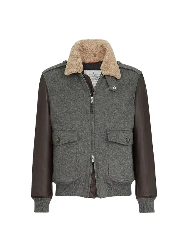 Men's Bonded Cashmere Beaver Cloth and Nappa Leather Bomber Jacket - Medium Grey Men's Bonded Cashmere Beaver Cloth and Nappa Leather Bomber Jacket - Medium Grey