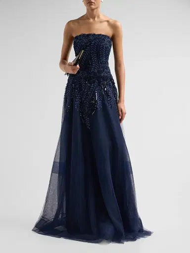 Teri Jon by Rickie Freeman Women's Floral-Embellished Tulle Strapless Gown - Navy - Size 16 | Thumbnail 2 Teri Jon by Rickie Freeman Women's Floral-Embellished Tulle Strapless Gown - Navy - Size 16 | Thumbnail 2