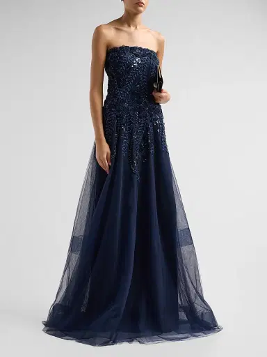 Teri Jon by Rickie Freeman Women's Floral-Embellished Tulle Strapless Gown - Navy - Size 16 | Thumbnail 4 Teri Jon by Rickie Freeman Women's Floral-Embellished Tulle Strapless Gown - Navy - Size 16 | Thumbnail 4