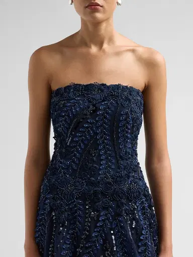 Teri Jon by Rickie Freeman Women's Floral-Embellished Tulle Strapless Gown - Navy - Size 16 | Thumbnail 5 Teri Jon by Rickie Freeman Women's Floral-Embellished Tulle Strapless Gown - Navy - Size 16 | Thumbnail 5