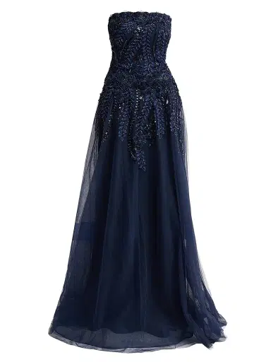 Teri Jon by Rickie Freeman Women's Floral-Embellished Tulle Strapless Gown - Navy - Size 16 | Thumbnail 1 Teri Jon by Rickie Freeman Women's Floral-Embellished Tulle Strapless Gown - Navy - Size 16 | Thumbnail 1