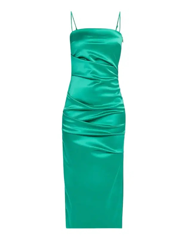 Keiky Square-Neck Draped Satin Midi Dress Keiky Square-Neck Draped Satin Midi Dress