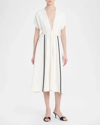 Ferragamo Plunging Gathered Short-Sleeve Midi Dress | Thumbnail 2 Ferragamo Plunging Gathered Short-Sleeve Midi Dress | Thumbnail 2