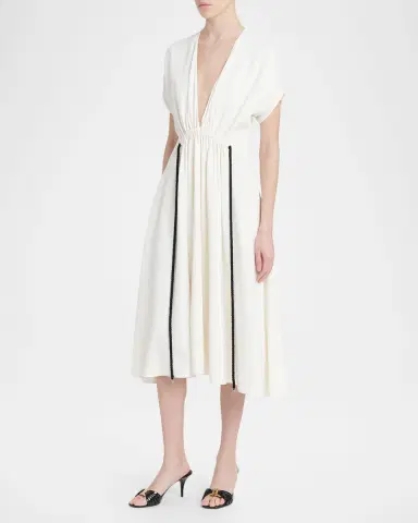 Ferragamo Plunging Gathered Short-Sleeve Midi Dress | Thumbnail 5 Ferragamo Plunging Gathered Short-Sleeve Midi Dress | Thumbnail 5