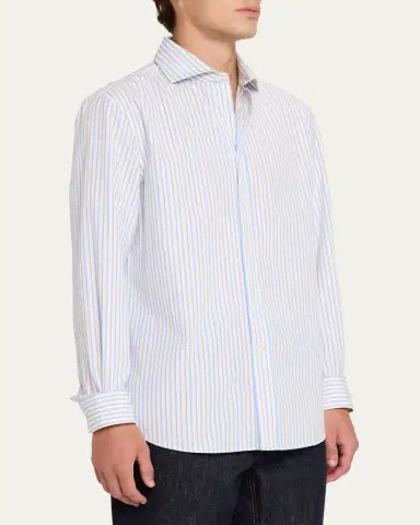 Brunello Cucinelli Men's Cotton Variegated Stripe Button-Down Shirt | Thumbnail 4 Brunello Cucinelli Men's Cotton Variegated Stripe Button-Down Shirt | Thumbnail 4