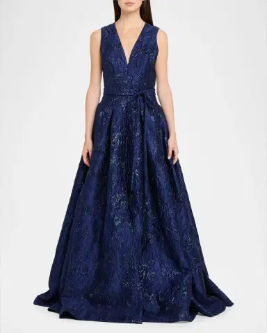 Reem Acra Deep V-Neck Textured Metallic Jacquard Ball Gown | Thumbnail 2 Reem Acra Deep V-Neck Textured Metallic Jacquard Ball Gown | Thumbnail 2