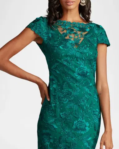 Tadashi Shoji Short-Sleeve Embroidered Tulle Column Gown | Thumbnail 4 Tadashi Shoji Short-Sleeve Embroidered Tulle Column Gown | Thumbnail 4