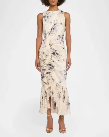 Cinq à Sept Cyrus Hand-Sketched Floral Ruffled Midi Dress | Thumbnail 2 Cinq à Sept Cyrus Hand-Sketched Floral Ruffled Midi Dress | Thumbnail 2