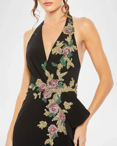 Mac Duggal Floral Beaded Plunging Halter Gown | Thumbnail 4 Mac Duggal Floral Beaded Plunging Halter Gown | Thumbnail 4