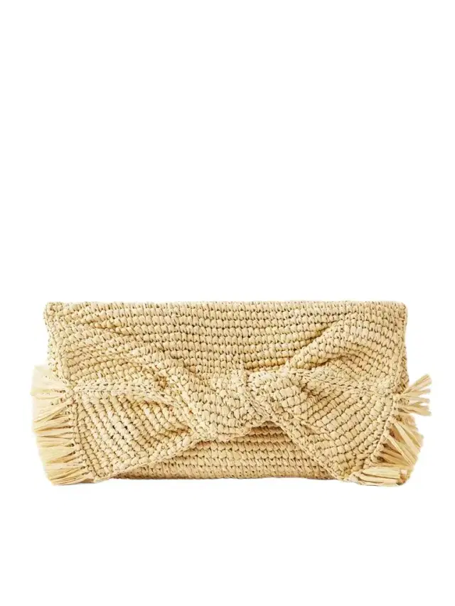 Bow Leather-trimmed Raffia Clutch Bow Leather-trimmed Raffia Clutch