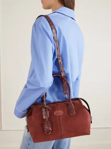 Tod's Bauletto Mini Croc-effect Leather-trimmed Suede Top Handle Bag | Thumbnail 2 Tod's Bauletto Mini Croc-effect Leather-trimmed Suede Top Handle Bag | Thumbnail 2
