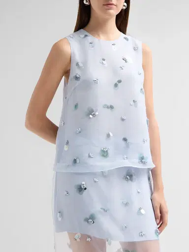 SIMKHAI Women's Celia Embellished Silk Top - Periwinkle Sky | Thumbnail 4 SIMKHAI Women's Celia Embellished Silk Top - Periwinkle Sky | Thumbnail 4