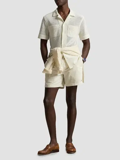 Polo Ralph Lauren Men's Pointelle Textured Short-Sleeve Shirt - Pale Cream | Thumbnail 2 Polo Ralph Lauren Men's Pointelle Textured Short-Sleeve Shirt - Pale Cream | Thumbnail 2