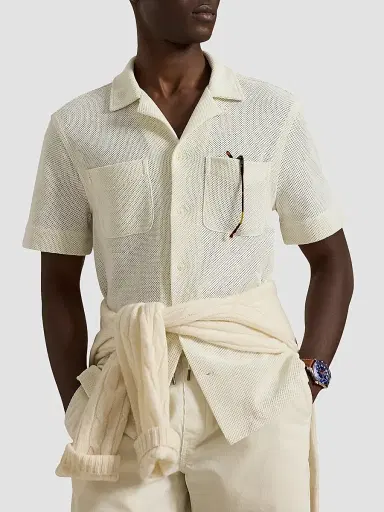 Polo Ralph Lauren Men's Pointelle Textured Short-Sleeve Shirt - Pale Cream | Thumbnail 4 Polo Ralph Lauren Men's Pointelle Textured Short-Sleeve Shirt - Pale Cream | Thumbnail 4
