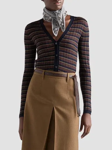 Prada Women's Striped Cashmere and Silk Cardigan - Blue | Thumbnail 2 Prada Women's Striped Cashmere and Silk Cardigan - Blue | Thumbnail 2