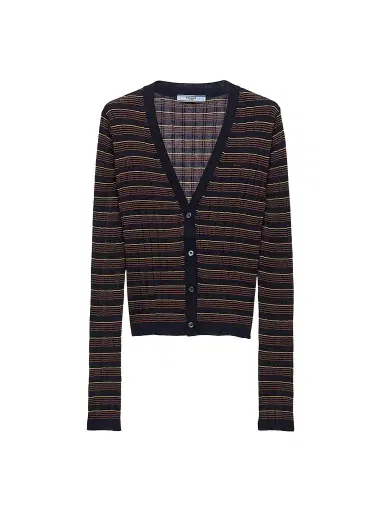 Prada Women's Striped Cashmere and Silk Cardigan - Blue | Thumbnail 1 Prada Women's Striped Cashmere and Silk Cardigan - Blue | Thumbnail 1
