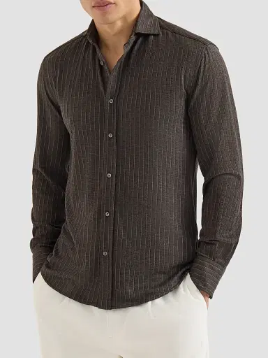 Brunello Cucinelli Men's Virgin Wool, Silk and Cotton Chalk Stripe Piqué Shirt - Brown | Thumbnail 3 Brunello Cucinelli Men's Virgin Wool, Silk and Cotton Chalk Stripe Piqué Shirt - Brown | Thumbnail 3