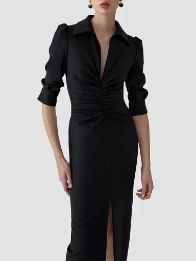 Carolina Herrera Women's Ruched Jersey Wool Midi-Dress - Black | Thumbnail 4 Carolina Herrera Women's Ruched Jersey Wool Midi-Dress - Black | Thumbnail 4