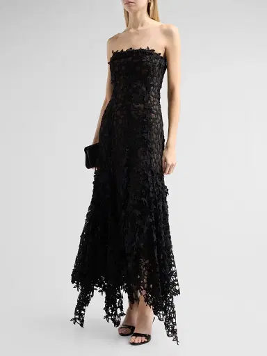 Oscar de la Renta Women's Leafy Fringe Botanical 3D Guipure Strapless Cocktail Dress - Black | Thumbnail 4 Oscar de la Renta Women's Leafy Fringe Botanical 3D Guipure Strapless Cocktail Dress - Black | Thumbnail 4