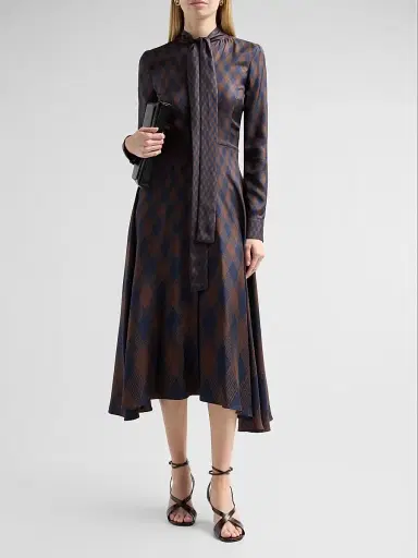 Oscar de la Renta Women's Argyle Silk Twill Tieneck Day Dress - Navy Brown | Thumbnail 2 Oscar de la Renta Women's Argyle Silk Twill Tieneck Day Dress - Navy Brown | Thumbnail 2