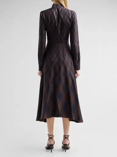 Oscar de la Renta Women's Argyle Silk Twill Tieneck Day Dress - Navy Brown | Thumbnail 3 Oscar de la Renta Women's Argyle Silk Twill Tieneck Day Dress - Navy Brown | Thumbnail 3