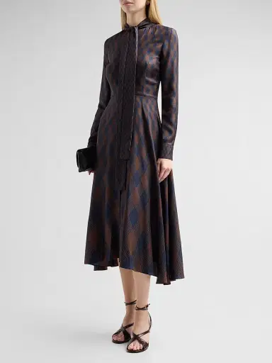 Oscar de la Renta Women's Argyle Silk Twill Tieneck Day Dress - Navy Brown | Thumbnail 4 Oscar de la Renta Women's Argyle Silk Twill Tieneck Day Dress - Navy Brown | Thumbnail 4
