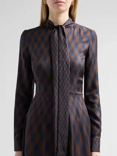 Oscar de la Renta Women's Argyle Silk Twill Tieneck Day Dress - Navy Brown | Thumbnail 5 Oscar de la Renta Women's Argyle Silk Twill Tieneck Day Dress - Navy Brown | Thumbnail 5