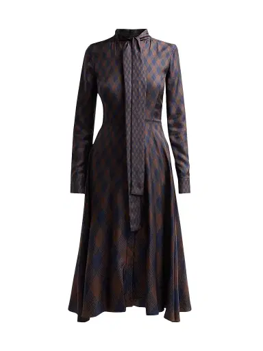 Oscar de la Renta Women's Argyle Silk Twill Tieneck Day Dress - Navy Brown | Thumbnail 1 Oscar de la Renta Women's Argyle Silk Twill Tieneck Day Dress - Navy Brown | Thumbnail 1