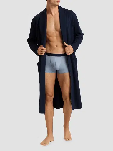 Hanro Men's Night & Day Shawl Collar Cotton Robe - Deep Navy | Thumbnail 2 Hanro Men's Night & Day Shawl Collar Cotton Robe - Deep Navy | Thumbnail 2