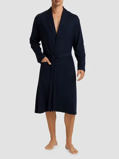 Hanro Men's Night & Day Shawl Collar Cotton Robe - Deep Navy | Thumbnail 4 Hanro Men's Night & Day Shawl Collar Cotton Robe - Deep Navy | Thumbnail 4
